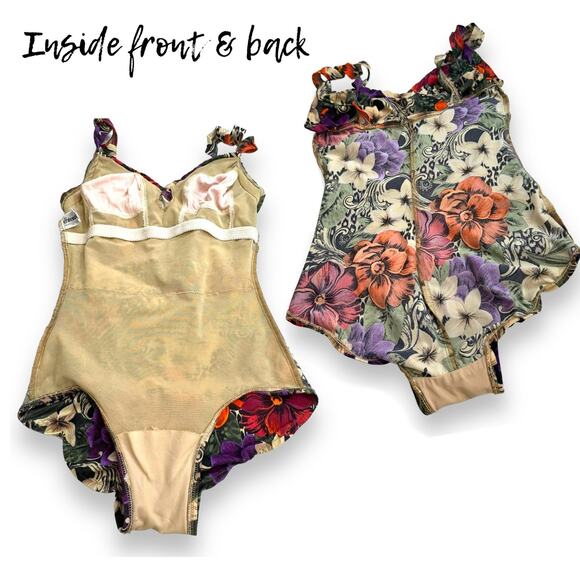 Vintage One Piece Tropical Floral Swimsuit 8 Surplice Pinup Beach Babe Resort - Picture 7 of 16